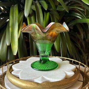 Antique Northwood Glass Co Graceful Green Carnival Iridescent Glass Compote Vase